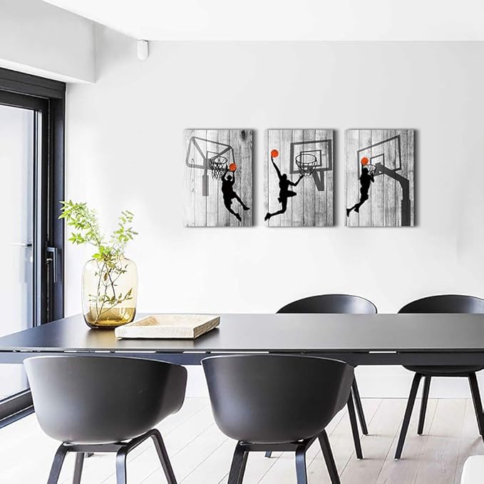 Black and white Canvas Wall Art for living room bathroom and bedroom kitchen wall decor artwork Canvas Prints play basketball sport painting 12" x 16"3 Piece Modern framed office Home decorations