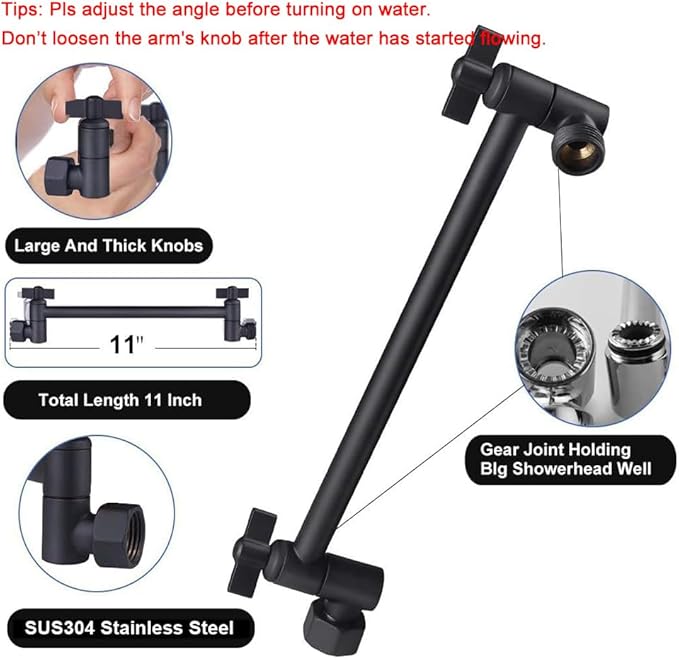 NearMoon Rain Shower Head with 11'' Adjustable Arm, High Pressure Stainless Steel Rainfall Shower, Ultra-Thin Design - Pressure Boosting (8 Inch, Matte Black)
