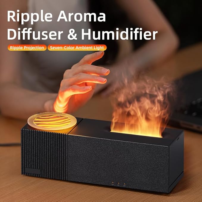 Essential Oil Diffuser, Ripple Projection Vibe Flame Oil Diffuser - Aromatherapy Aroma Humidifier, Upgrade 7 Flame Colors Noiseless 150ml Remote - Perfect for Bedroom Home Office (Ripple Black)
