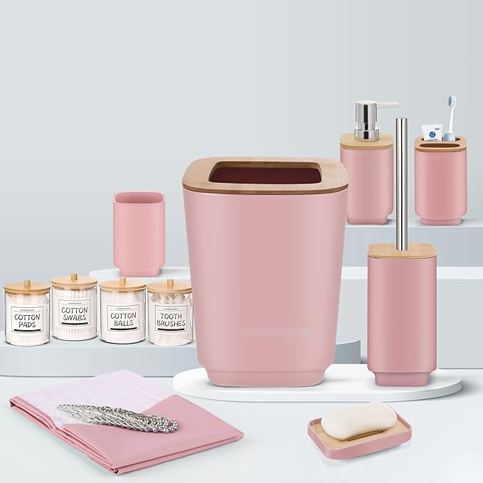 IMAVO Bathroom Accessories Set,Pink Bathroom Set,11 Pieces Bathroom Accessory Set,Trash Can for Bathroom Accessories Décor and Housewarming Gifts