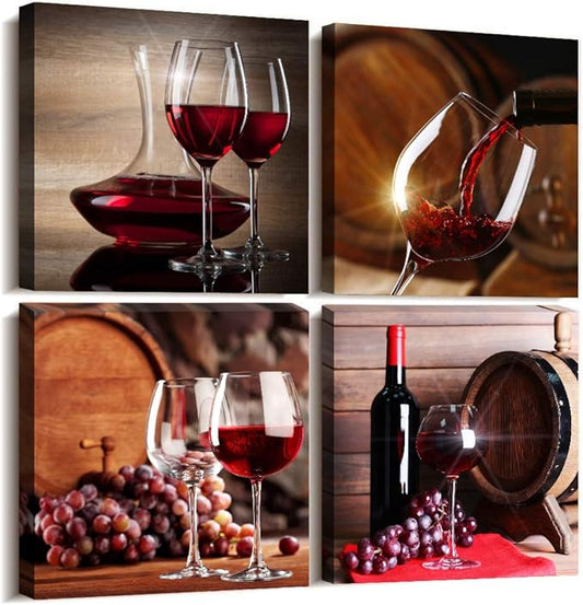 TTHYUEWS Canvas Wall Art For Kitchen Dining Room Wall Decor Wine Glass Wall Painting Still Life Wine Fruit Goblet Frame Wall Pictures Prints Artwork Bar Restaurant Decoration Home Decor 4 Piece Set