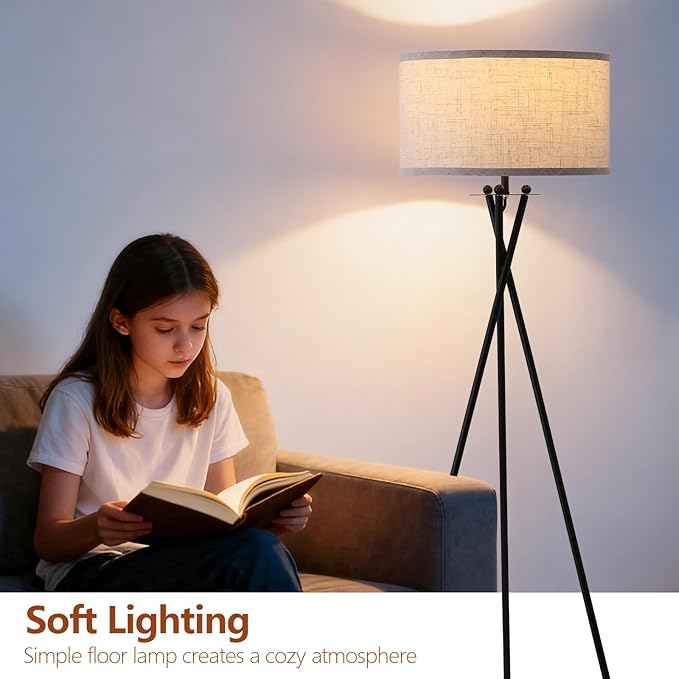 Modern Tripod Floor Lamp, Mid Century Reading Standing Lamp with 3 Color Temperatures and Foot Switch, Modern Night Light for Living Room, Bedroom, Office Décor, Black