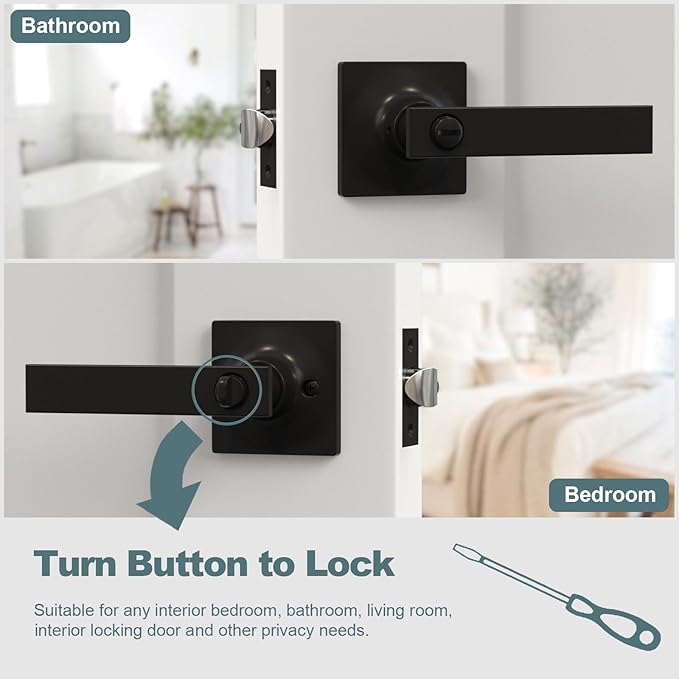 4 Pack Matte Black Door Handles - Privacy Door Levers Set, Keyless Black Interior Door Knobs, Modern Heavy Duty Square Door Lock for Bedroom or Bathroom, Reversible for Left Right Sided Doors