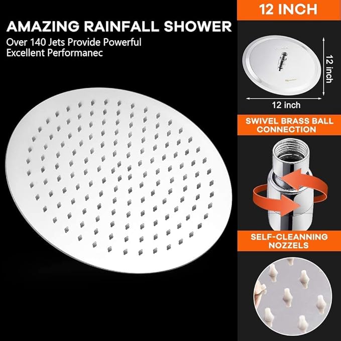 NearMoon Rain Shower Head with 11'' Adjustable Arm, High Pressure Stainless Steel Rainfall Shower, Ultra-Thin Design - Pressure Boosting (12 Inch, Chrome)