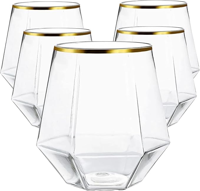 Oojami 40 count Diamond Unbreakable Stemless Plastic Wine Champagne Whiskey Glasses Elegant Durable Disposable Indoor Outdoor Ideal for Home, Office, Bars, Wedding, 12 Ounce Cups Gold Rim (Gold)