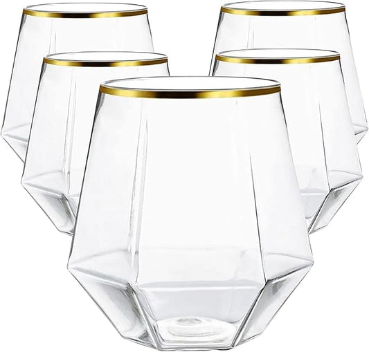 Oojami 40 count Diamond Unbreakable Stemless Plastic Wine Champagne Whiskey Glasses Elegant Durable Disposable Indoor Outdoor Ideal for Home, Office, Bars, Wedding, 12 Ounce Cups Gold Rim (Gold)