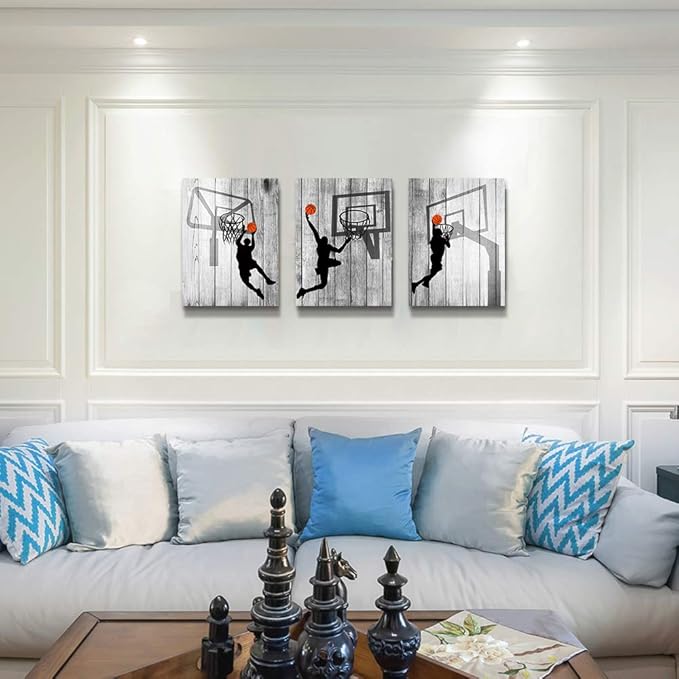 Black and white Canvas Wall Art for living room bathroom and bedroom kitchen wall decor artwork Canvas Prints play basketball sport painting 12" x 16"3 Piece Modern framed office Home decorations