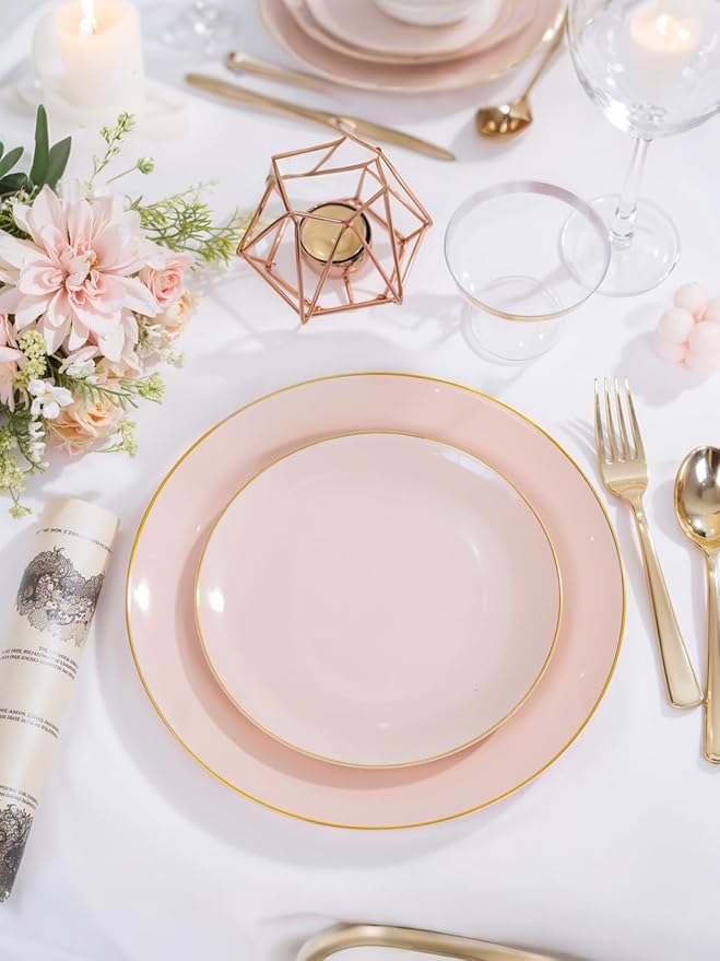 WDF 150Pcs Pink Plates Disposable - Pink and Gold Plastic Plates 25guest Disposable Dinnerware Include 25 Dinner Plate, 25 Dessert Plate, 25 Cutlery & 25 9oz Cups for Wedding, Party, Valentine's Day