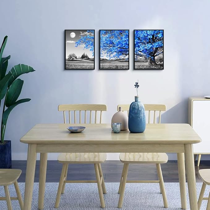 Black Framed Wall Art for Living Room & Bedroom - Blue Tree Wall Paintings, Modern Home Decor - 12"X16" Set of 3 Piece Framed Art Prints