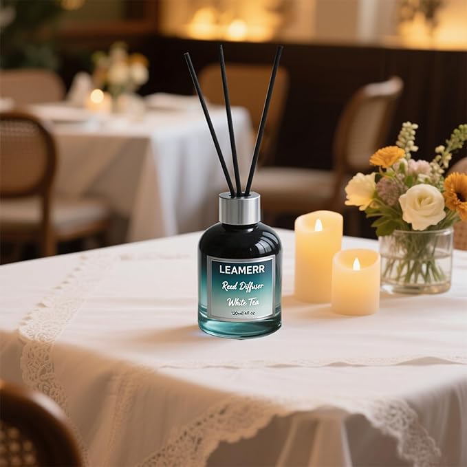White Tea Reed Diffusers for Home, 4 oz (120mL) Aromatherapy for Relaxation & Air Freshener. Perfect for Home, Bathroom, Office & Room Decor, Calming Botanical Scent