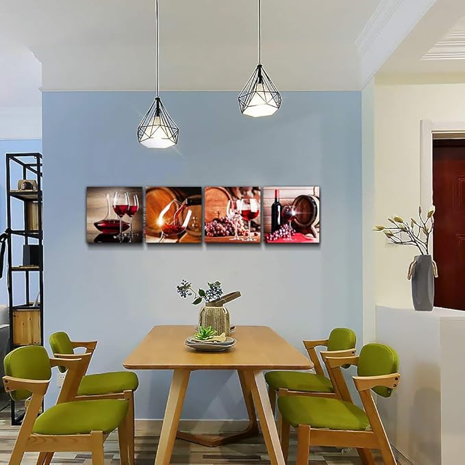 TTHYUEWS Canvas Wall Art For Kitchen Dining Room Wall Decor Wine Glass Wall Painting Still Life Wine Fruit Goblet Frame Wall Pictures Prints Artwork Bar Restaurant Decoration Home Decor 4 Piece Set