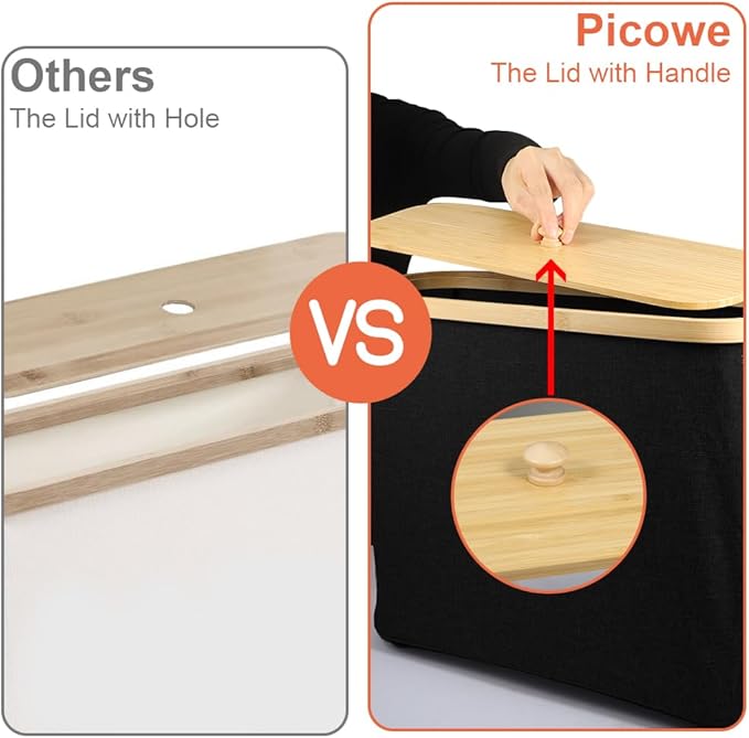 Picowe Toilet Paper Organizer Basket, Black, Holds 9-12 Rolls, With Lid and Easy-Grip Handle, Foldable for Storage, Suitable for Bathroom and Sink