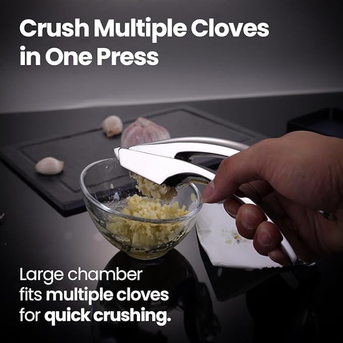 No Peeling Required Garlic Press Stainless Steel with Detachable Handle for Coarse Mincing - Premium Garlic Mincer Tool, Rust-Proof, Easy to Clean, Dishwasher Safe Garlic Crusher, Lifetime Replacement