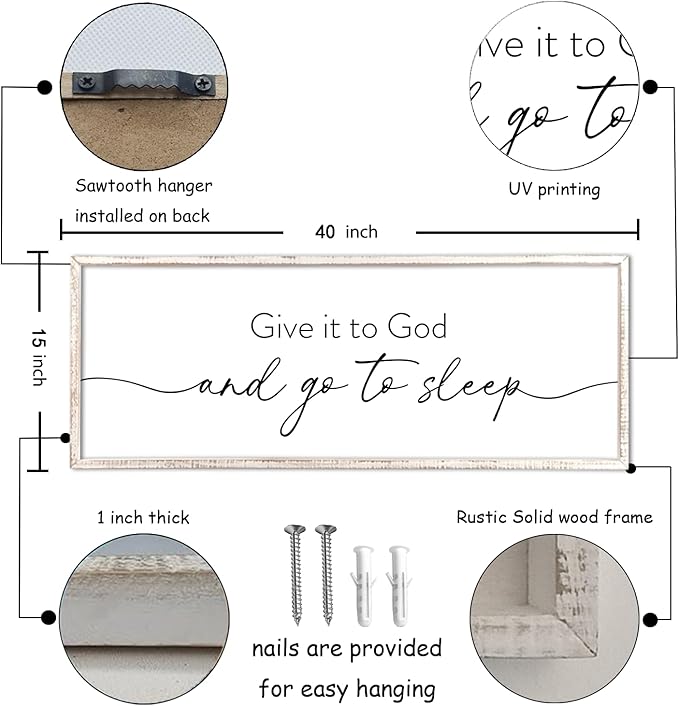 Give It To God And Go to Sleep Wall Decor 40"X15" Master Bedroom Above Bed Large Wood Framed Sign Rustic Guest Room Over Bed Wall Hanging Art (White)