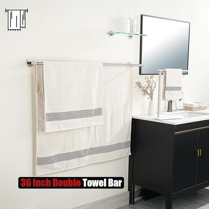 JQK Double Bath Towel Bar, 39 Inch 304 Stainless Steel Thicken 1mm Towel Rack for Bathroom, Bath Towel Holder Polished Chrome Wall Mount, Useable Length 36 Inch, TB100L36-CH