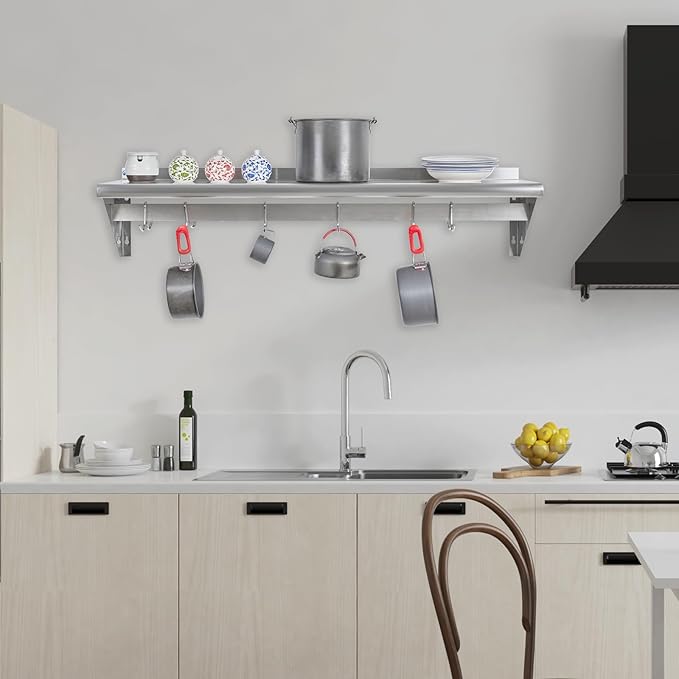 Hally Stainless Steel Shelf with 4 Hooks 14" x 24" Wall Mounted Pot Rack 250lb, NSF Commercial Floating Shelving for Storage Hanging Pots, Pans, cookware in Restaurant, Kitchen, Home and Hotel