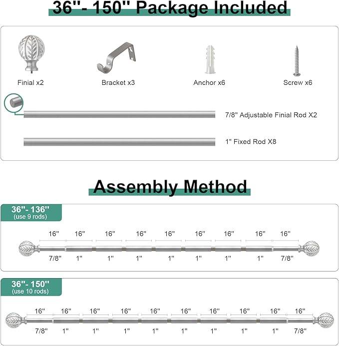 Silver Curtain Rods for Windows 72 to 144 inch,1" Adjustable Heavy Duty Window Curtain Rod Leaf Finials,Rustic Decorative Drapery Rods Set,Size:36-150''