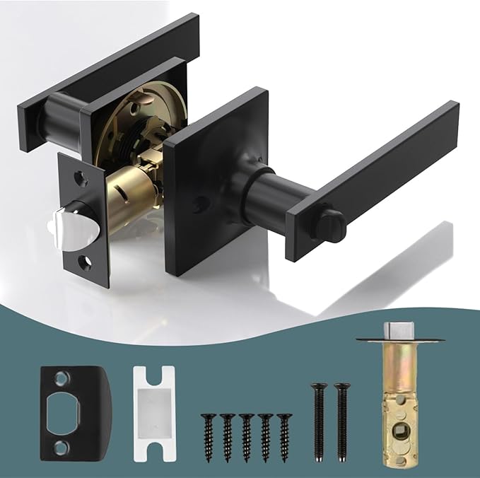 4 Pack Matte Black Door Handles - Privacy Door Levers Set, Keyless Black Interior Door Knobs, Modern Heavy Duty Square Door Lock for Bedroom or Bathroom, Reversible for Left Right Sided Doors