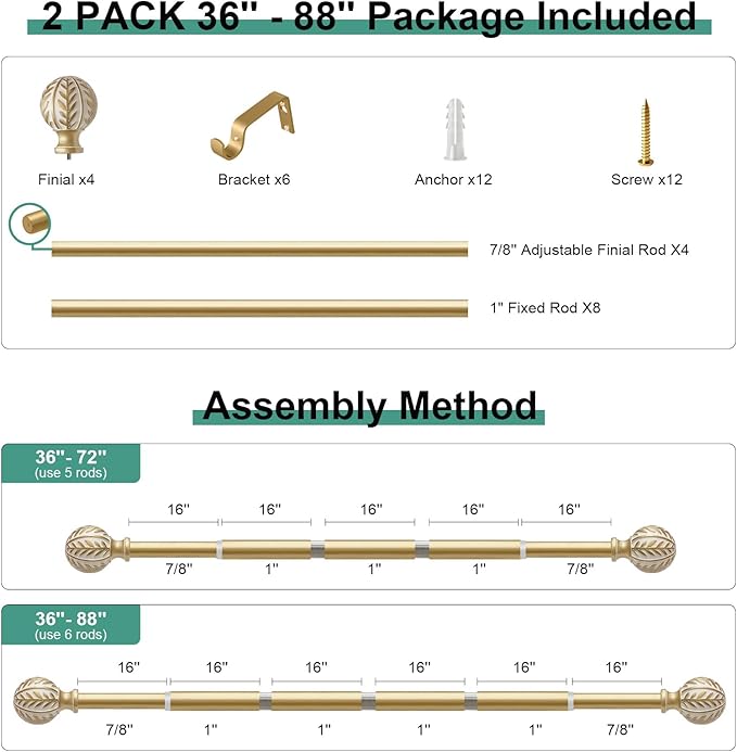 2 Pack Gold Curtain Rods for Windows 48 to 84 inch,1" Adjustable Heavy Duty Window Curtain Rod with Leaf Finials,Rustic Decorative Drapery Rods Set,Size:36-88''