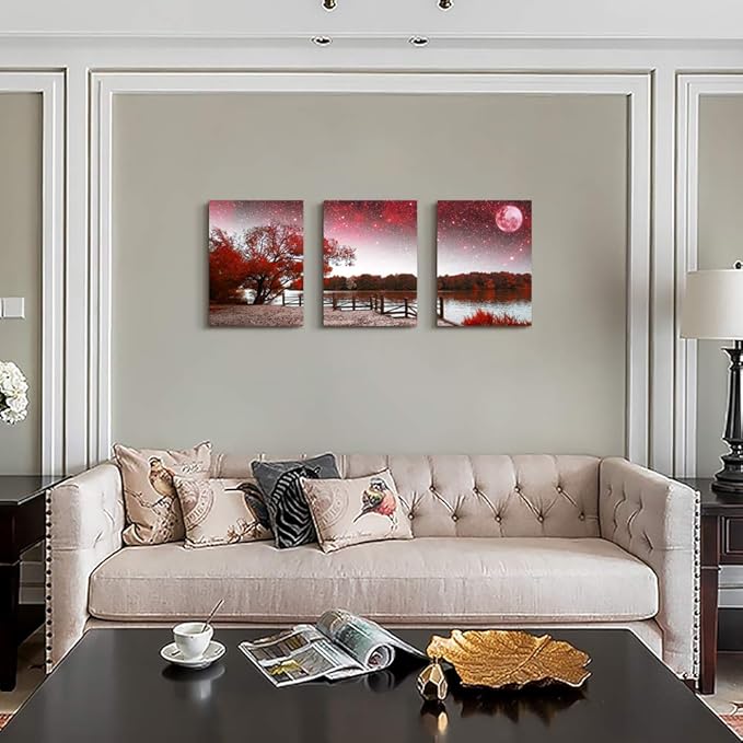 Wall Art For Living Room Canvas Prints Bedroom Wall Decor For Bathroom Artwork Abstract Painting Red Tree Moon Landscape Paintings 12" X 16" 3 Pieces Modern Framed Office Home Decorations For Kitchen