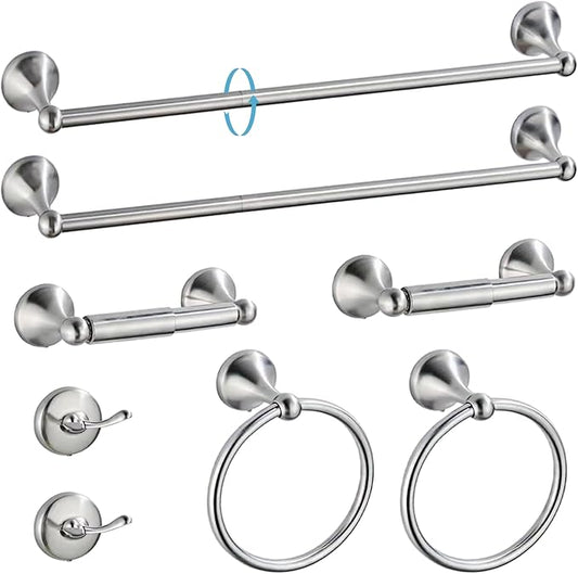 Newfun 8-Pieces 24" Bathroom Hardware Set, Bathroom Accessory Set, Includes 24" Adjustable Bath Towel Bar, Towel Rings Wall Mounted, Toilet Paper Holder, Robe Towel Hooks (Brushed Nickel)
