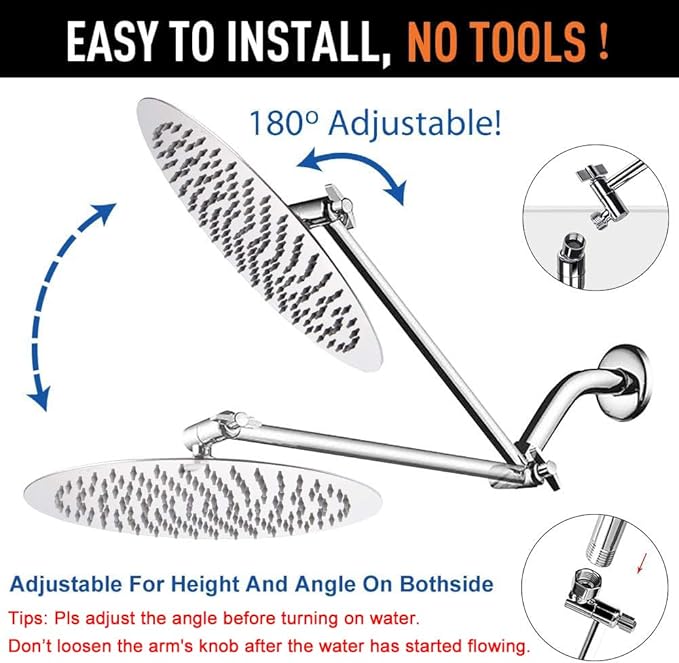NearMoon Rain Shower Head with 11'' Adjustable Arm, High Pressure Stainless Steel Rainfall Shower, Ultra-Thin Design - Pressure Boosting (12 Inch, Chrome)
