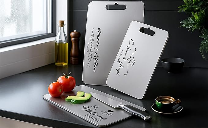 Personalized Titanium Cutting Board, Custom Engraved Name, Cutting Board for Kitchen, Premium Stainless Steel & Titanium Chopping Board for Wedding, Anniversary, Housewarming, or Christmas Gift