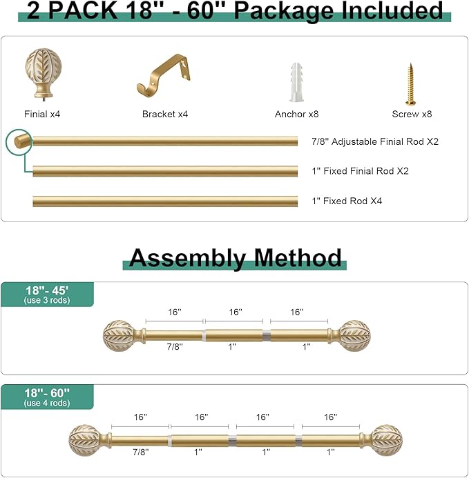 2 Pack Gold Curtain Rods for Windows 28 to 48 inch,1" Adjustable Heavy Duty Window Curtain Rod with Leaf Finials,Rustic Decorative Drapery Rods Set,Size:18-60''