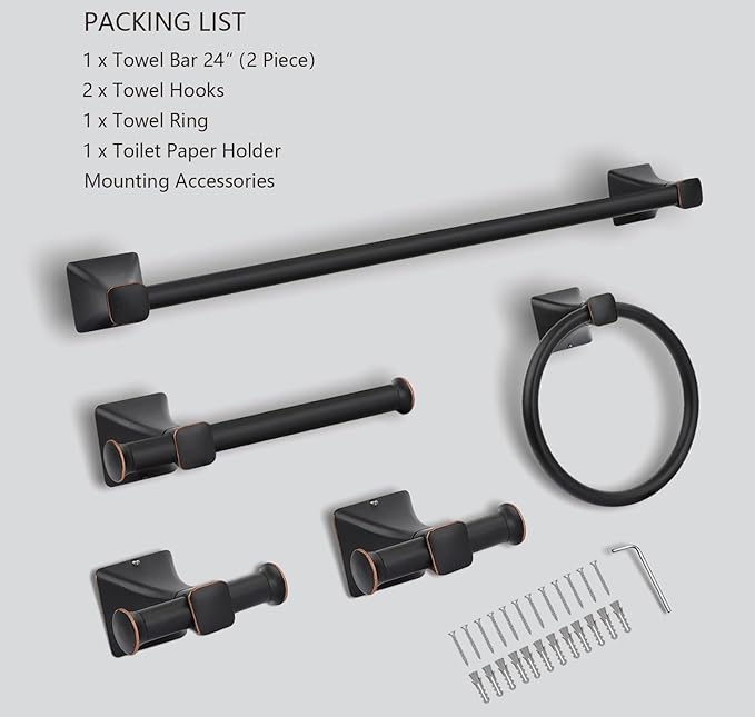 5 Piece Bathroom Hardware Accessories Set, SUS304 Stainless Steel Bath Towel Bar Set, 24 Inch Towel Racks for Bathroom Wall Mounted, Bath Towel Holder Set, Matte Black