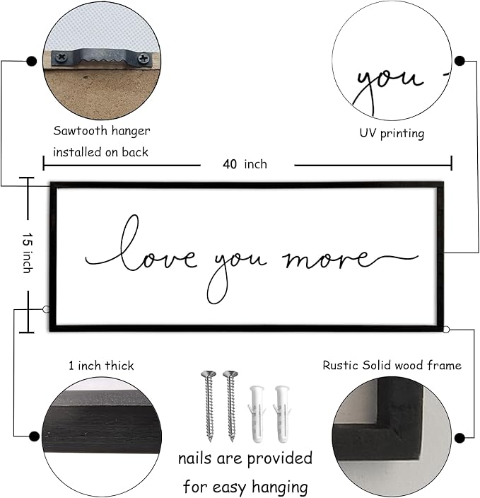 Love You More Sign Wall Decor Art 40"X15" Master Bedroom Guest Room Above Over Bed for Home Couple Rustic Large Wood Framed Wall Hanging (Black)