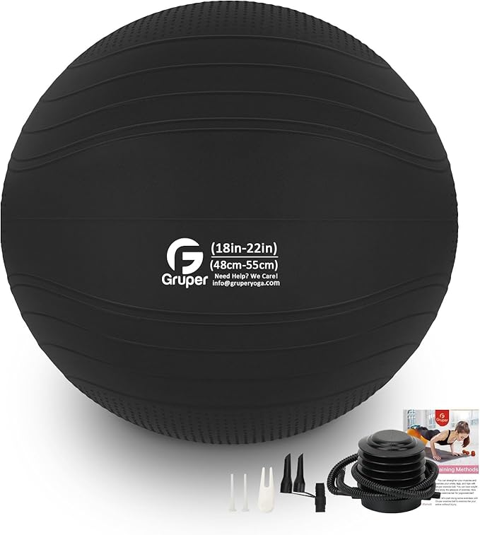 Gruper Yoga Ball, Multiple Sizes Non Slip Exercise Ball for Workout, Birthing, Balance, Stability, Pregnancy, 2200LB Capacity, Anti Burst Chair for Home and Office, Includes Quick Pump & Fitness Guide