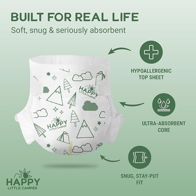 Happy Little Camper Super Saver Diapers, Size 1, 100 Count | Budget-Friendly Disposable Baby Diapers for Sensitive Skin | Hypoallergenic, Fragrance-Free, Ultra Absorbent