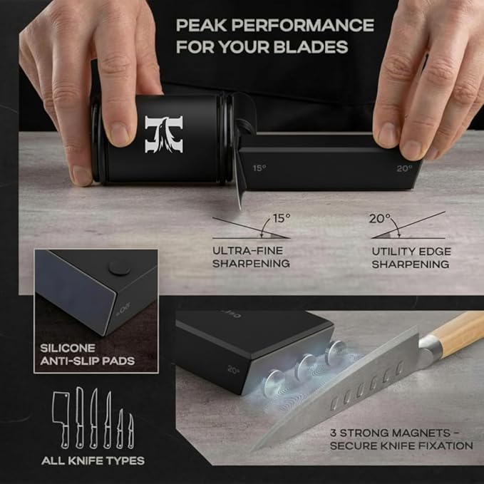 High Carbon Stainless Steel Rolling Knife Sharpener with 400, 1000 & 3000 Replacement Discs - Blunt Knife Sharpening Kit with 15 and 20 Degree Sharpening for Kitchen & Chef's Knives (BLACK) (Black)