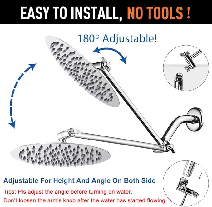 NearMoon Rain Shower Head with 11'' Adjustable Arm, High Pressure Stainless Steel Rainfall Shower, Ultra-Thin Design - Pressure Boosting (10 Inch, Chrome)