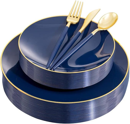 Liacere 150PCS Blue Plastic Plates - Gold Plastic Silverware with Blue Handle - Navy Disposable Plates Include 30 Guests Plates,Forks,Spoons,Knives for Hanukkah & New Year & Washington's Birthday