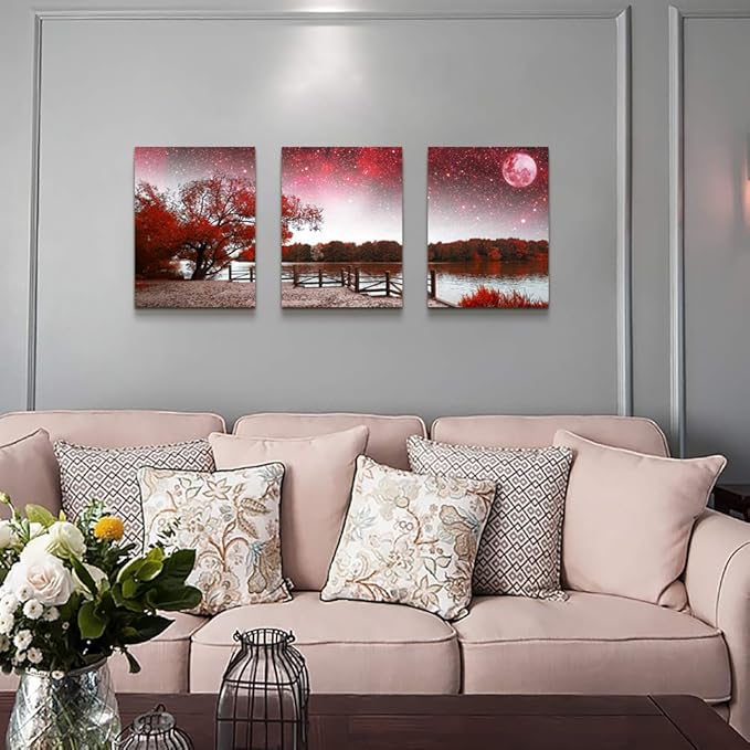 Wall Art For Living Room Canvas Prints Bedroom Wall Decor For Bathroom Artwork Abstract Painting Red Tree Moon Landscape Paintings 12" X 16" 3 Pieces Modern Framed Office Home Decorations For Kitchen