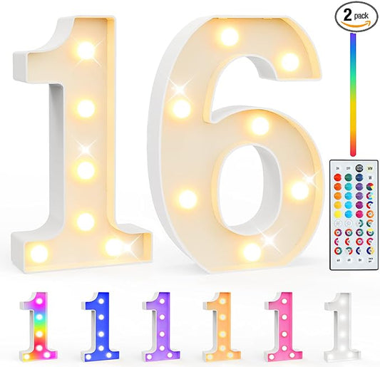 Pooqla 16th Birthday Decorations for Girls Boys, 35 Colors LED Light Up Numbers with Remote, Color Chaning Marquee Numbers Gift for Sweet 16 Party Decoration Wedding Anniversary Decor, Number 16
