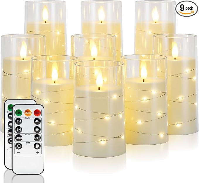 Homemory 9 Pcs Flameless Candles with Embedded Star String Fairy Lights, Battery Operated Candles, LED Candle, Fake Candles with Remote Control and Timer (Ivory)