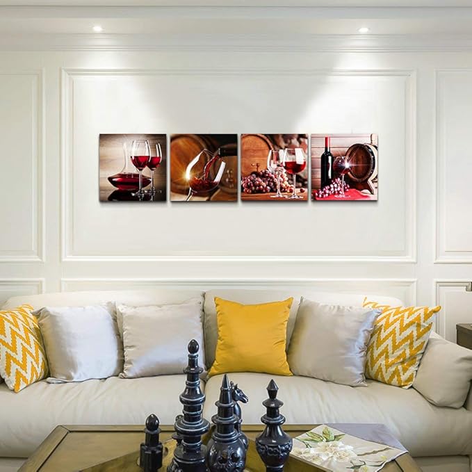 TTHYUEWS Canvas Wall Art For Kitchen Dining Room Wall Decor Wine Glass Wall Painting Still Life Wine Fruit Goblet Frame Wall Pictures Prints Artwork Bar Restaurant Decoration Home Decor 4 Piece Set
