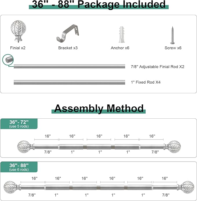 Silver Curtain Rods for Windows 48 to 84 inch,1" Adjustable Heavy Duty Window Curtain Rod with Leaf Finials,Rustic Decorative Drapery Rods Set,Size:36-88''