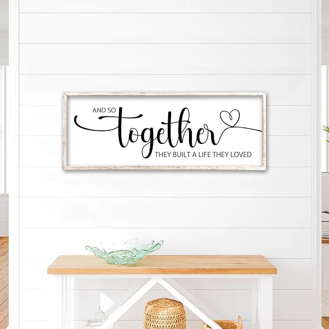 And So Together They Built A Life They Loved Sign Wall Decor 40"X15" Bedroom Above Over Bed Large Wood Framed Love Quotes for Couple Wall Hanging Art (White)