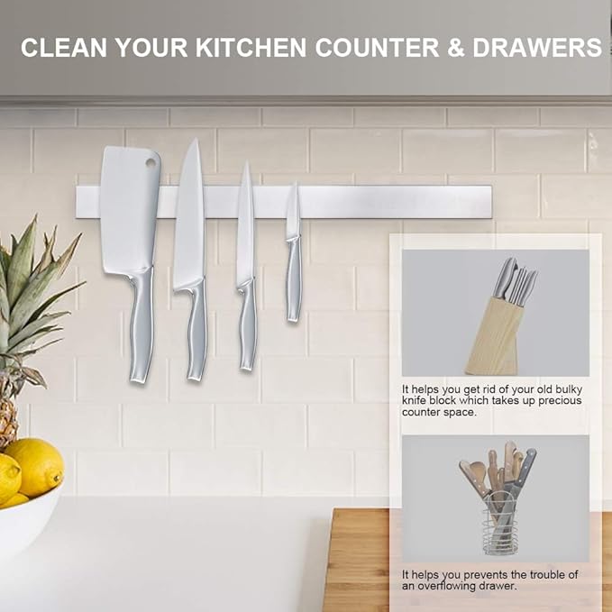 Ninonly 20 Inch Magnetic Knife Strip, Premium Stainless Steel Wall Mounted Kitchen Knives Bar,Space-Saving Powerful No Drilling Magnetic Knife Rack for Home Kitchen Utensil Holder & Tool Holder