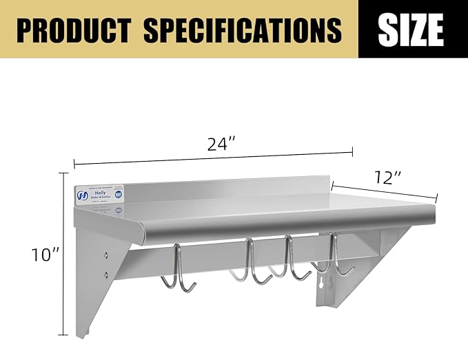 Hally Stainless Steel Shelf with 4 Hooks 12" x 24" Wall Mounted Pot Rack, NSF Commercial Floating Shelving for Storage Hanging Pots, Pans, cookware in Restaurant, Kitchen, Home and Hotel