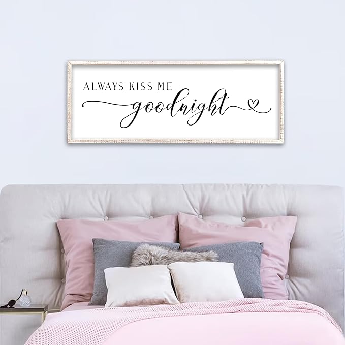 Always Kiss Me Goodnight Sign Wall Decor 40"X15" Master Bedroom Above Bed Large Wooden Framed for Couples Over Bed Wall Hanging Art (White)