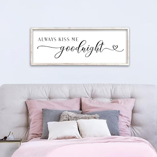 Always Kiss Me Goodnight Sign Wall Decor 40"X15" Master Bedroom Above Bed Large Wooden Framed for Couples Over Bed Wall Hanging Art (White)