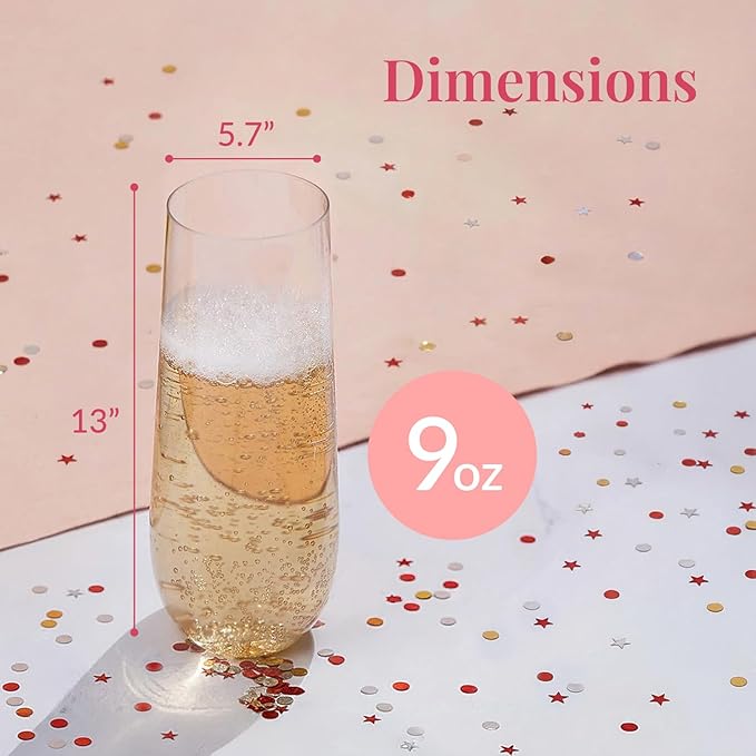 Prestee 48 Pack Plastic Champagne Flutes 9 oz - Stemless Disposable Champagne Flutes for Cocktails Mimosa Bar and Party Supplies - Clear Shatterproof Plastic Wine Glasses for Wedding and Summer Party
