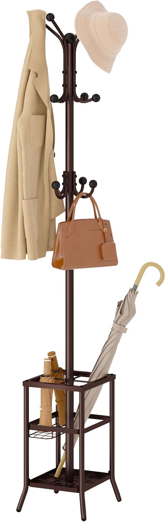 FAVOOSTY Coat Rack Freestanding,Coat Rack Stand with Umbrella Holder,Metal Coat Tree with 12 Hooks,Tree Clothes Hat for Entryway, Hallway, Bedroom, Living Room & Office -Brown