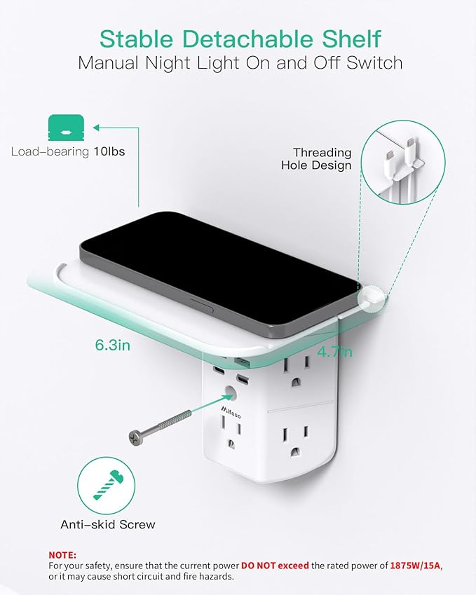 ☐ Wall Outlet Extender with Shelf & Night Light – USB Surge Protector