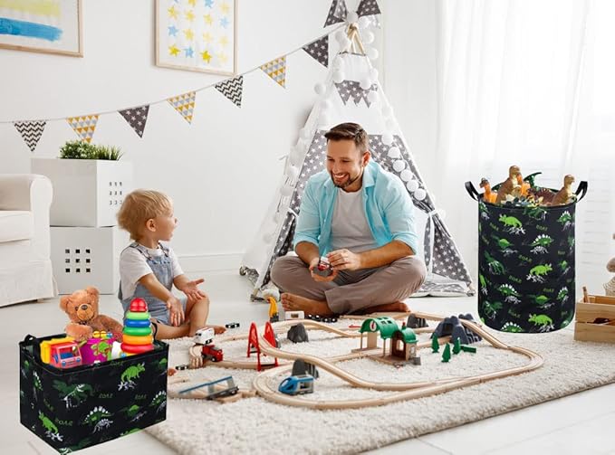 Kids Dinosaur Storage Basket with Handles – Foldable Toy Organizer Bin