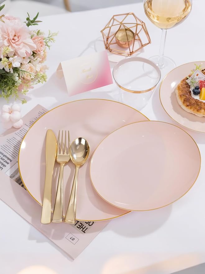 WDF 300Pcs Pink Plates Disposable - Pink and Gold Plastic Dinnerware Set for 50 Guests Include 50 Dinner & Cake Plates, 50 Disposable Cutlery, 50 9oz Cups for Wedding, Party, Valentine's Day